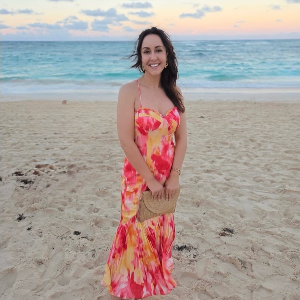 Azazie Nidia Pink Sunset Print Midi Dress